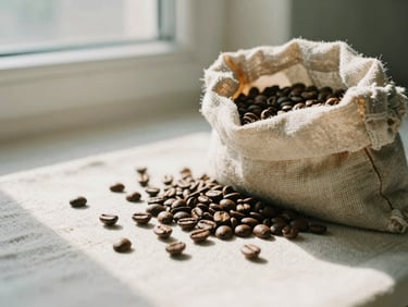 A bag of specialty coffee beans sitting on textured linen next to scattered roasted beans, warm morning light.