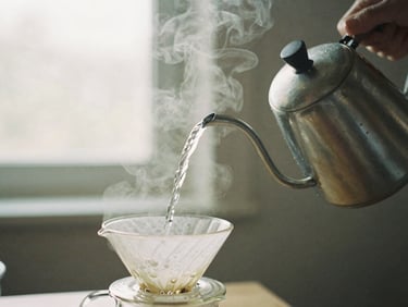 Pouring hot water from a gooseneck kettle into a glass dripper, soft focus, steam rising.