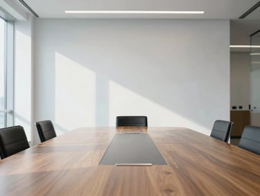 Spotless corporate boardroom with a long polished wooden table reflecting soft daylight, clean architectural lines, minimalist style