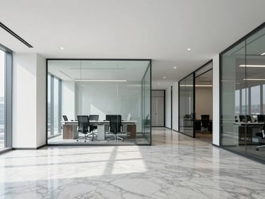 Bright modern corporate office interior with spotless marble floors and glass partitions, cool daylight, minimalist architectural style