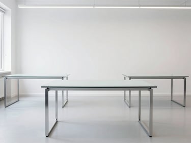 Minimalist co-working space with clean glass desks, structured steel frames, bright natural lighting, absolute order