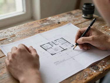 Close detail of hands framing a housing blueprint on a weathered wooden table, natural window light from the left, construction dust visible, documentary still life