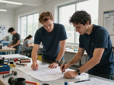 Environmental portrait of a vocational training session, two people examining blueprints on a workbench in a community center, natural window light, tools visible on the surface, no posed smiles