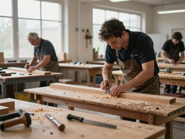 Documentary interior of a vocational training workshop, hands working on a woodworking bench under diffused natural light from high windows, sawdust and tools in the foreground, focused and unhurried