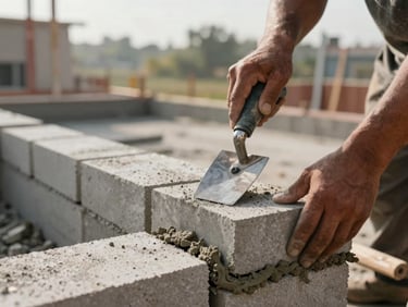 Close-up of a worker's hands laying concrete block on a residential foundation, trowel pressed against mortar, natural morning light, construction site in background, no faces
