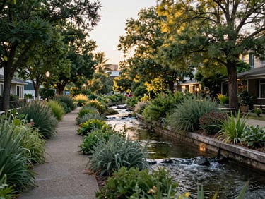 Wide shot of a community green infrastructure corridor, native plantings along a restored urban creek, late afternoon golden light filtering through canopy, no people posed