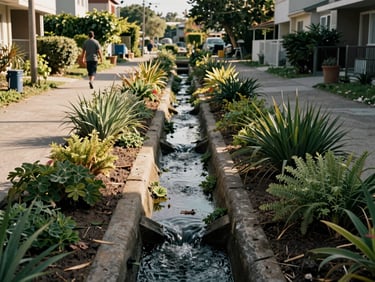 Wide shot of a green infrastructure corridor in an urban neighborhood, low native plantings along a restored drainage channel, warm midday light, a resident walking a path in the background, place-specific documentary framing