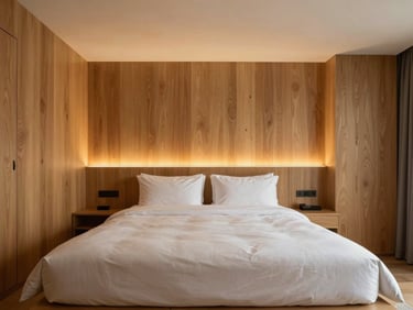 Cinematic wide shot of a minimalist boutique hotel suite, warm low-angle light on oak panels, neutral textiles.