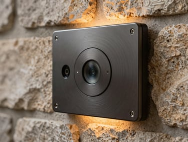 Extreme macro detail shot of a dark brushed metal home-automation panel integrated seamlessly into a rough-textured stone wall, soft amber glow.
