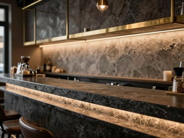 Warm interior of a signature cafe with dark stone counters, subtle integrated lighting glowing on brass details.