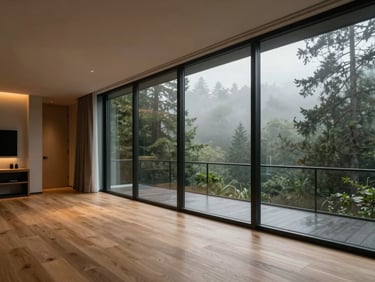 Cinematic wide shot of a modern minimalist hotel suite overlooking a misty forest, floor-to-ceiling glass, warm interior light on oak floors.