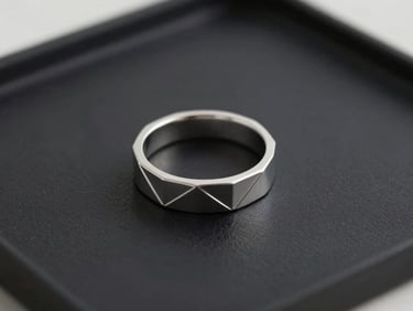 A clean wireframe CAD rendering of a modern geometric ring on a dark screen, minimalist graphic