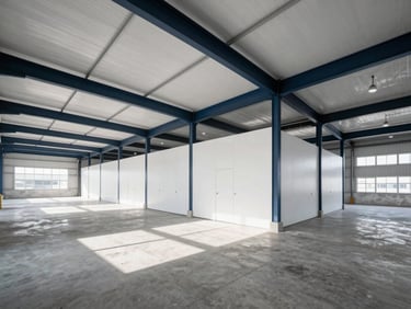 Premium architectural photography of a clean modern industrial logistics warehouse interior, concrete floor, high ceilings, geometric perspective, bright natural light, wide-angle lens