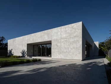 Premium architectural photography of a modern minimalist concrete villa in Lomas de Chapultepec, sharp geometric shadows, twilight lighting, deep navy and white tones, wide-angle lens, editorial style