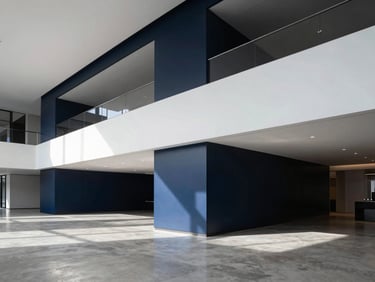 Dramatic interior angle of a luxury office lobby, polished concrete floors, minimalist structure, architectural lighting