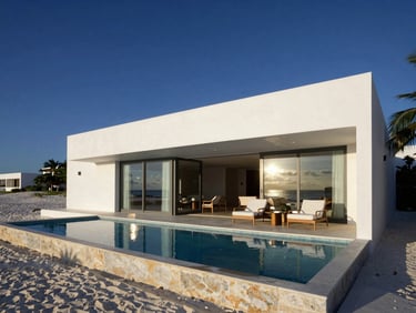 Premium architectural photography of an ultra-luxury beachfront villa in Riviera Maya, clean lines, sunset light reflecting on private pool, tropical minimalist architecture, wide-angle lens