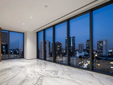 Premium architectural photography of a luxury penthouse interior with high ceilings, marble floors, panoramic window overlooking Mexico City skyline, blue hour lighting, editorial style