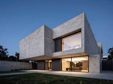 Wide-angle architectural twilight shot of a modern concrete villa in Mexico City, sharp geometric lines, deep blue hour lighting, negative space on the left