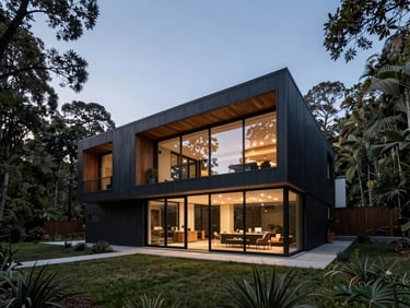 Premium architectural photography of a modern forest retreat in Valle de Bravo, dark wood and glass exterior, twilight lighting, peaceful luxury, wide-angle lens