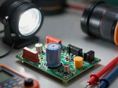 Close-up of a TV power board with a blown capacitor under bright workshop LED light, multimeter probes resting nearby on the bench