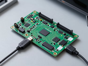 Overhead view of a Smart TV main board with USB diagnostic tool connected, organized cable ties and labels visible, cool overhead workshop lighting