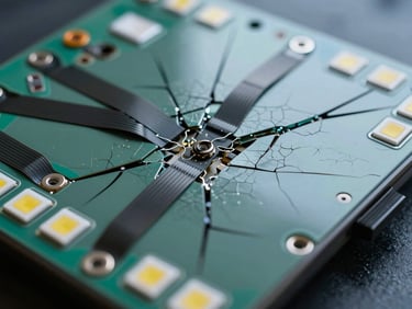 Macro close-up of a cracked LED TV panel, backlight ribbons visible through the fracture, cool workshop lighting, no hands
