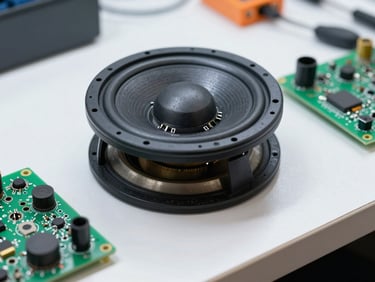 Macro photograph of a television speaker driver and audio board component on a repair bench, cool white lighting, solder points visible, clean workshop surface, no people