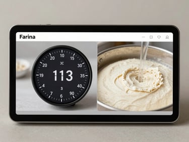 App screenshot of dough fermentation timer and hydration percentage detail screen in Farina interface, studio-neutral light, portrait crop, no people