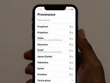 App screenshot showing ingredient provenance list with region names and supplier detail for Farina pizza app, studio-neutral light, portrait crop, no people