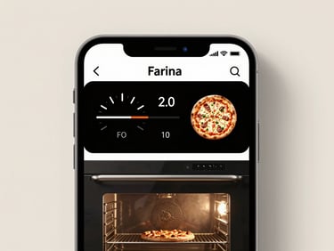 App screenshot showing oven temperature readout and pizza status indicator in Farina interface, studio-neutral light, portrait crop, clean minimal UI, no people