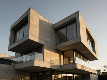 Architectural shot of a modern concrete and glass luxury villa, sharp angles, casting long shadows at golden hour
