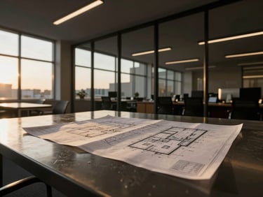 A clean, swept architectural site office with blueprint schematics laid out on a dark steel table, golden hour light