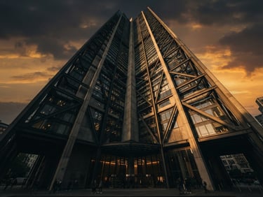 Dramatic low-angle architectural photography of a modern steel and concrete skyscraper facade during golden hour, sharp lines, deep shadows, ultra-wide lens