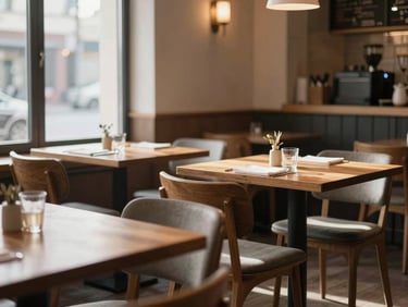 Cozy Scandinavian-style restaurant dining room with empty wooden tables and soft morning light filtering through a window
