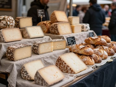 A bustling modern food market stall with neatly arranged artisanal cheeses and fresh bread on linen cloths