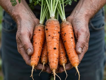 Close-up of weathered hands holding freshly harvested heirloom carrots with soil still clinging to the roots