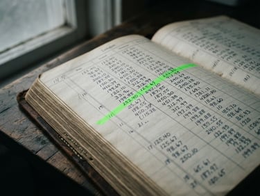 Macro close-up of a physical ledger book with handwritten numbers, sharp overcast window light, moody desaturated tones with a single neon green ink stroke