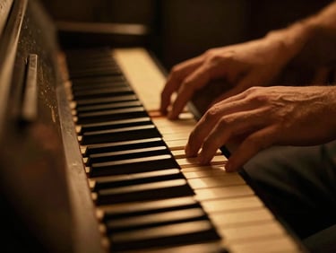 Close-up of hands on piano keys, warm amber studio glow, moody background