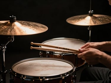 Hands holding drumsticks over high-hat cymbals, moody studio lighting