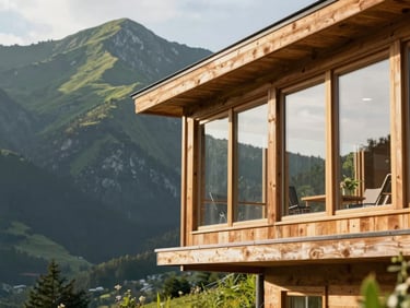 Modern wood-and-glass mountain cabin with large windows overlooking lush green peaks, warm golden hour light, 35mm lens