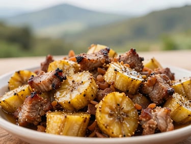 Close-up of a local dish of fresh mofongo with plantains and pork, vibrant colors, warm lighting, 35mm lens