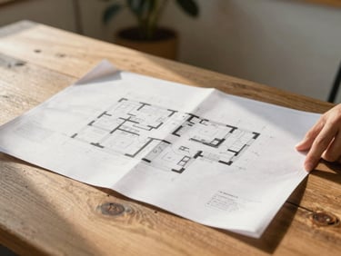 A designer reviewing architectural blueprints on a rustic oak table, warm natural morning light, soft shadows, editorial 35mm photography