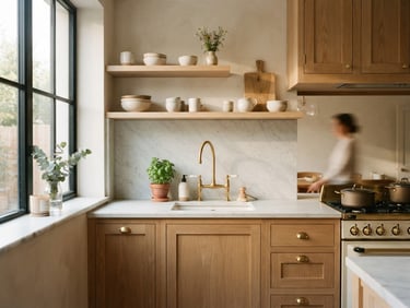 Warm editorial photography, sunlit modern kitchen with oak cabinets and brass fixtures, 35mm editorial style.