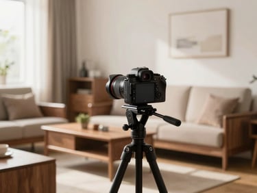 A professional camera setup filming a sunlit modern living room with premium walnut furniture, warm morning light, shallow depth of field