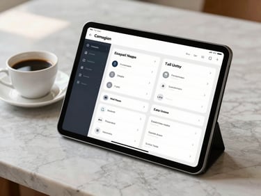 A clean modern tablet displaying a campaign performance dashboard next to a cup of black coffee on a marble countertop, soft morning light