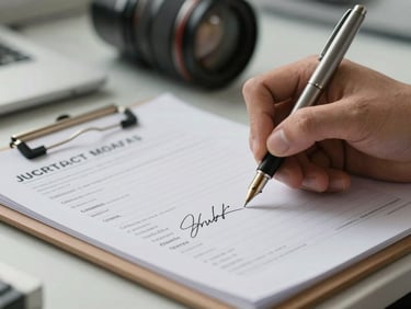 Close-up of an engineer's hand signing a technical inspection report on a clipboard, diffused indoor office light, pen nib and signature line in sharp focus