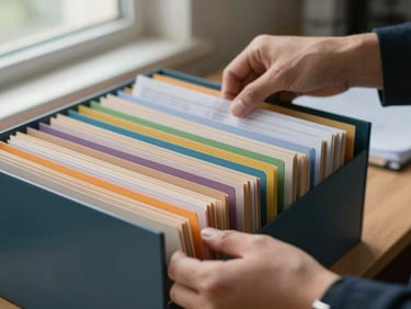 Close-up of hands sorting tabbed regulatory folders on a desk, overcast natural light from a side window, document edges and color-coded tabs in sharp focus