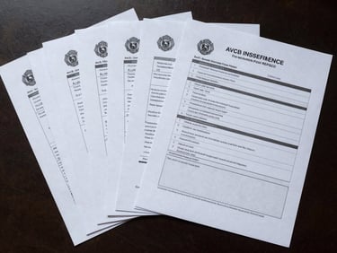 Overhead flat-lay of an AVCB inspection report with a fire department seal visible, natural daylight from above, document pages fanned out on a dark desk surface
