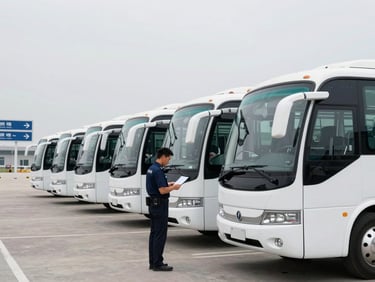 Wide shot of a row of clean white luxury coaches parked at an airport pickup zone, a uniformed driver checking a manifest on a tablet, overcast bright daylight, operational signage visible, no passengers