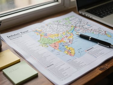 Close-up of a printed multi-day India tour itinerary spread on a desk alongside a map, natural daylight from a side window, planning context visible — pens, sticky notes, a laptop edge